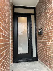 8' high modern front steel door with frosted glass sidelite and transom 7698