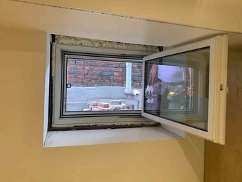 Basement Hopper Window, open, inside view