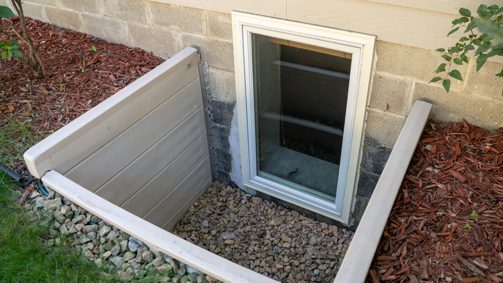 Code-compliant basement egress window in Ontario, showing a proper clear opening and an exterior window well for emergency escape.