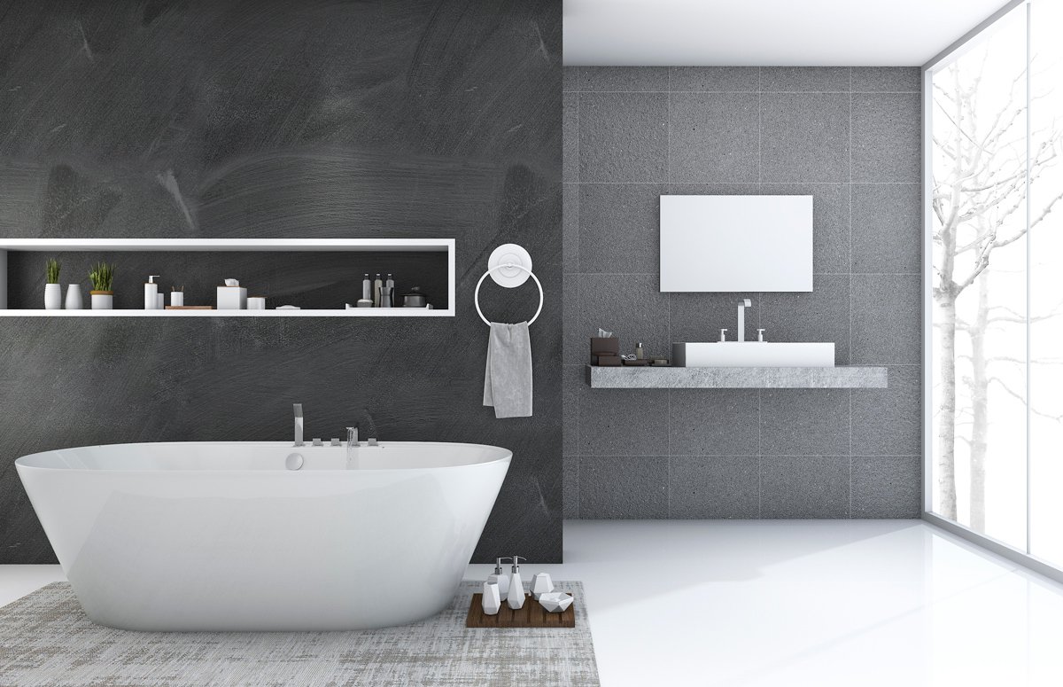 Modern bathroom with skylight bringing natural winter light into space